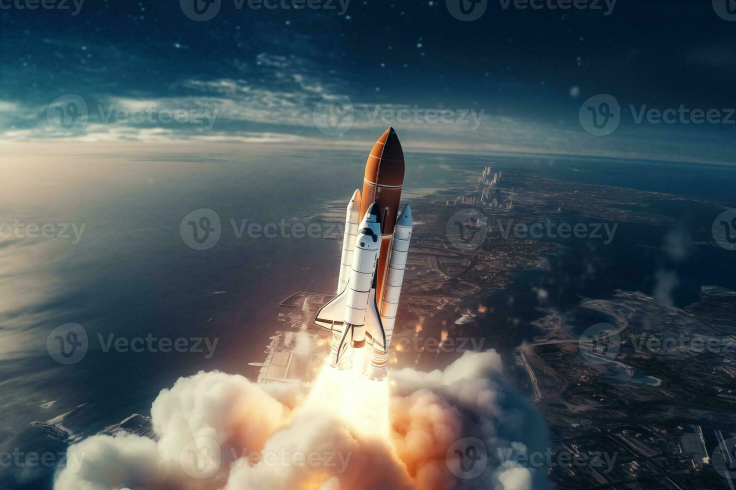 AI generated Aerial view of rocket launch at sunrise over ocean coast photo