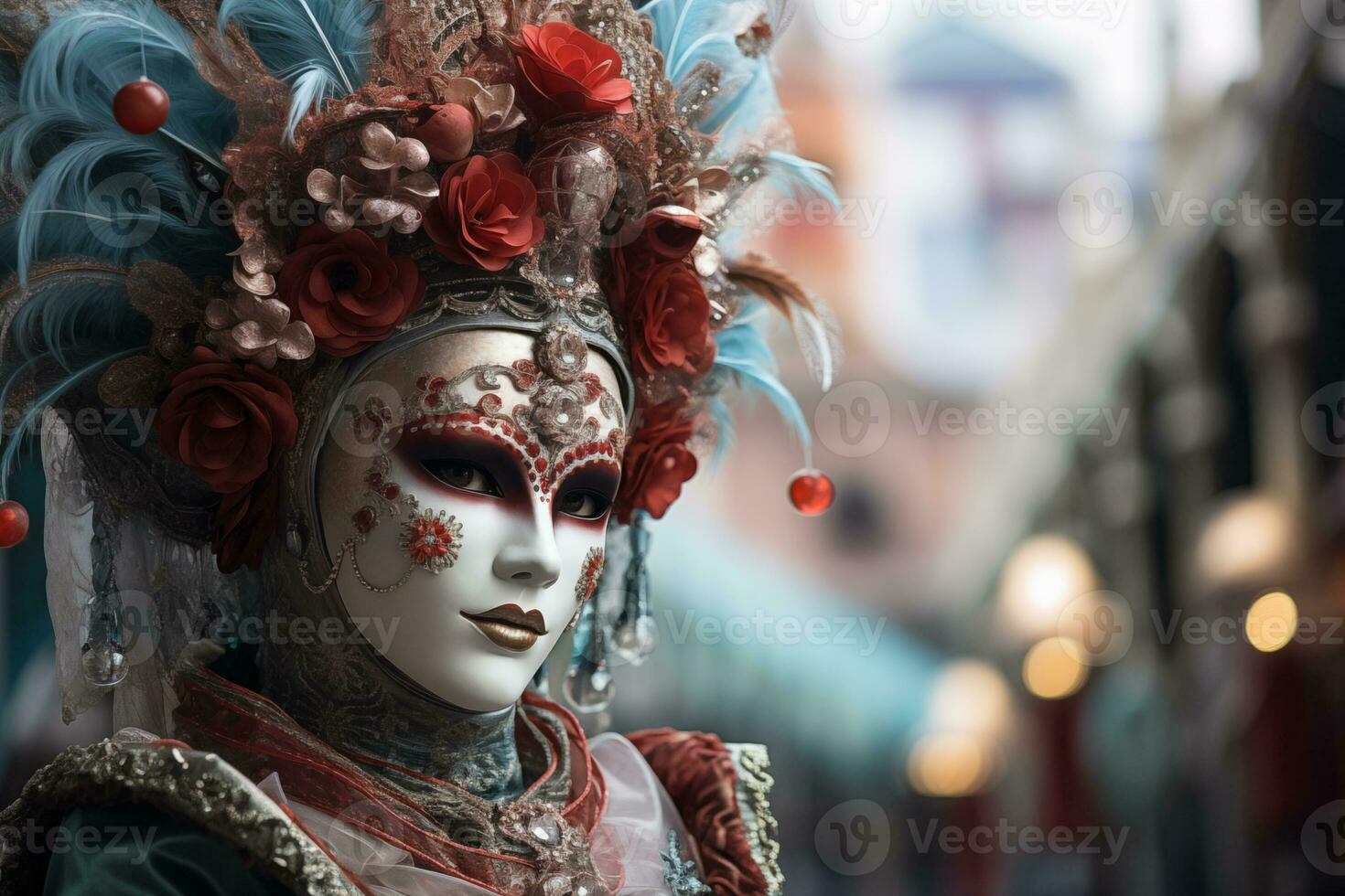 ai generado elegante persona en vibrante carnaval disfraz y máscara a Venecia festival foto