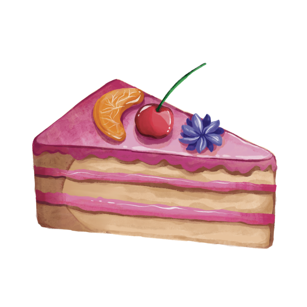 Triangle cake slice with strawberry filling cream and orange cherry fruit decoration on top illustrartion with textured brush stroke artwork png