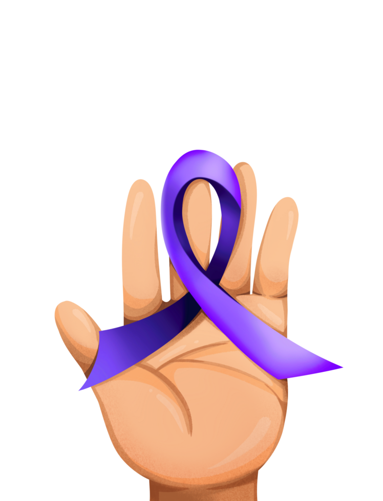 Lavender Ribbon, symbol for world cancer day on hand palm illustration isolated on vertical ratio background. png