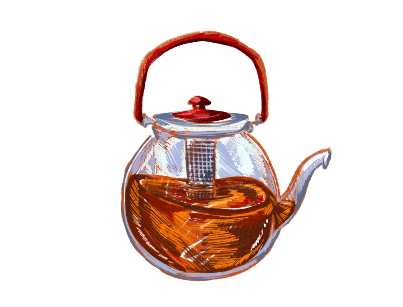 Refreshing brown tea drinks inside glass tea pot with handle and cap. Textured drink illustration isolated on vertical background. png