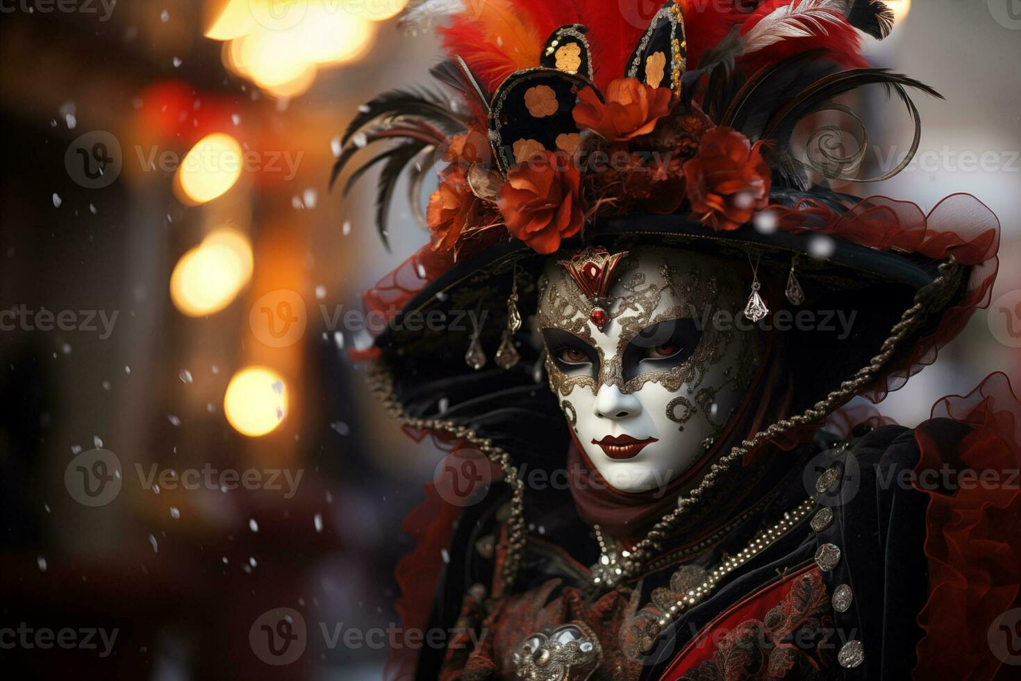 ai generado elegante persona en vibrante carnaval disfraz y máscara a Venecia festival foto