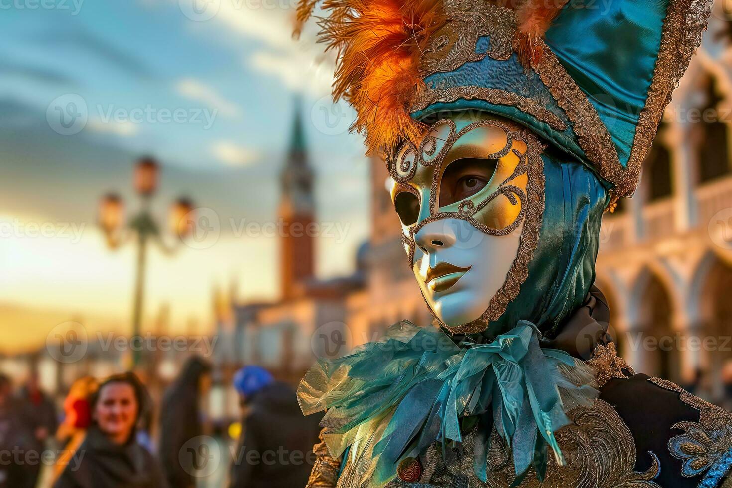 ai generado elegante persona en vibrante carnaval disfraz y máscara a Venecia festival foto
