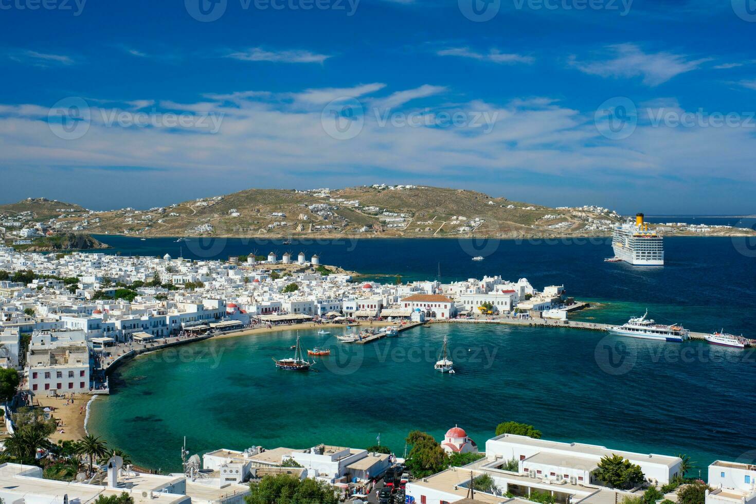 Mykonos island port with boats, Cyclades islands, Greece photo