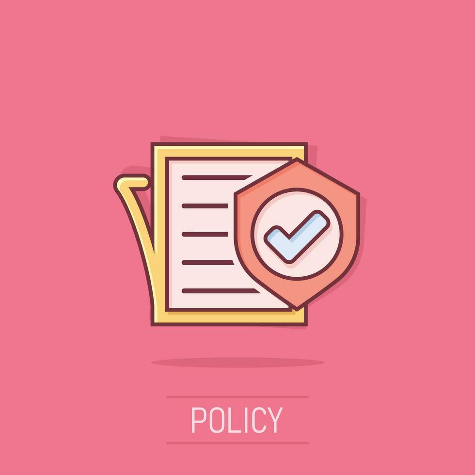 Insurance policy icon in comic style. Report vector cartoon illustration on white isolated background. Document business concept splash effect.