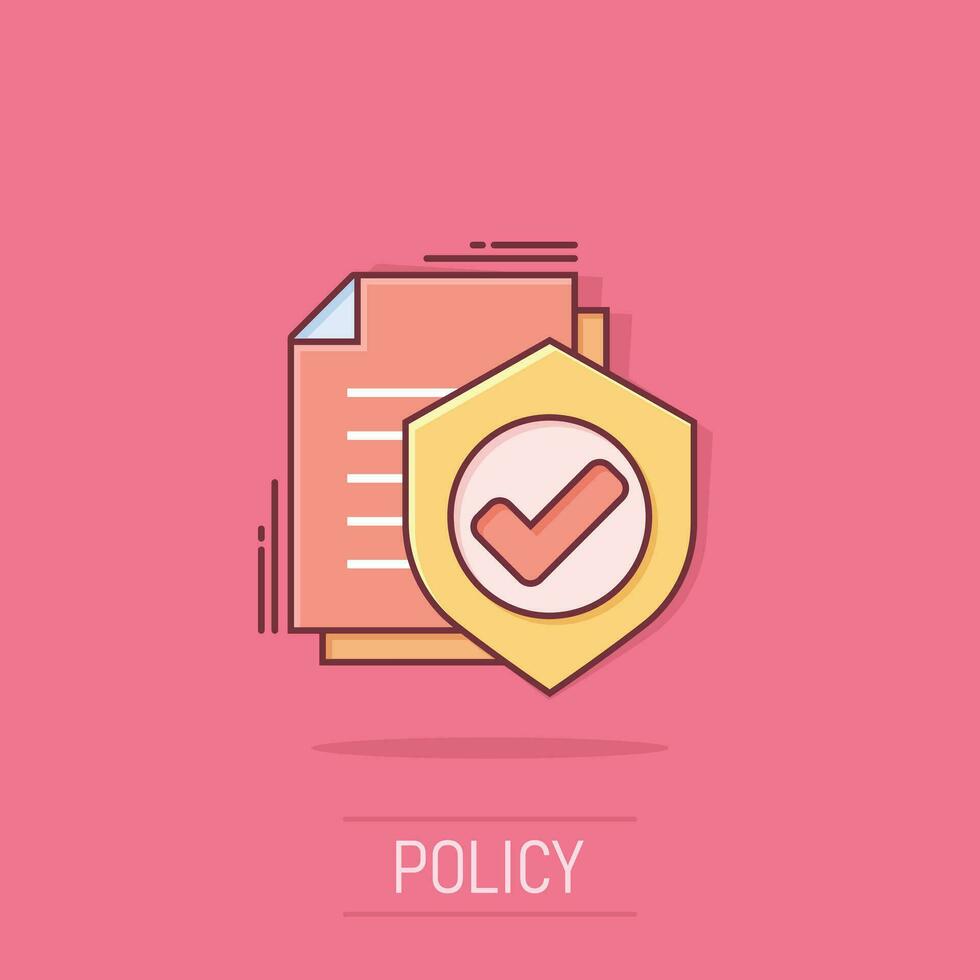 Insurance policy icon in comic style. Report vector cartoon illustration on white isolated background. Document business concept splash effect.