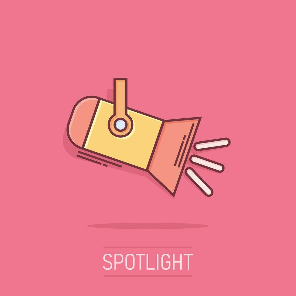 Spotlight icon in comic style. Lamp vector cartoon illustration on white isolated background. Flashlight business concept splash effect.