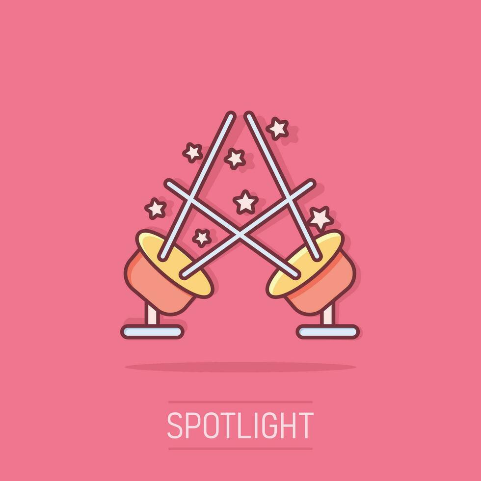 Spotlight icon in comic style. Lamp vector cartoon illustration on white isolated background. Flashlight business concept splash effect.