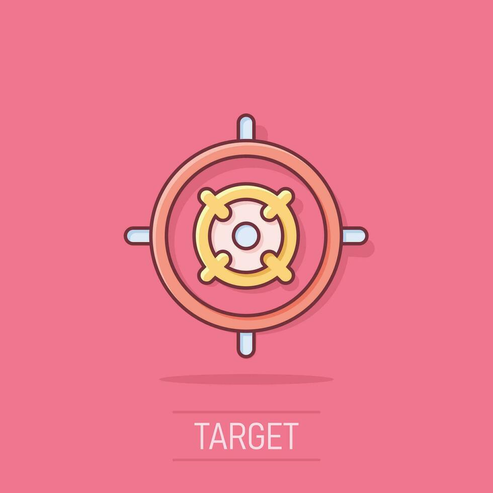 Shooting target vector icon in comic style. Aim sniper symbol cartoon illustration on white background. Target aim business concept splash effect.