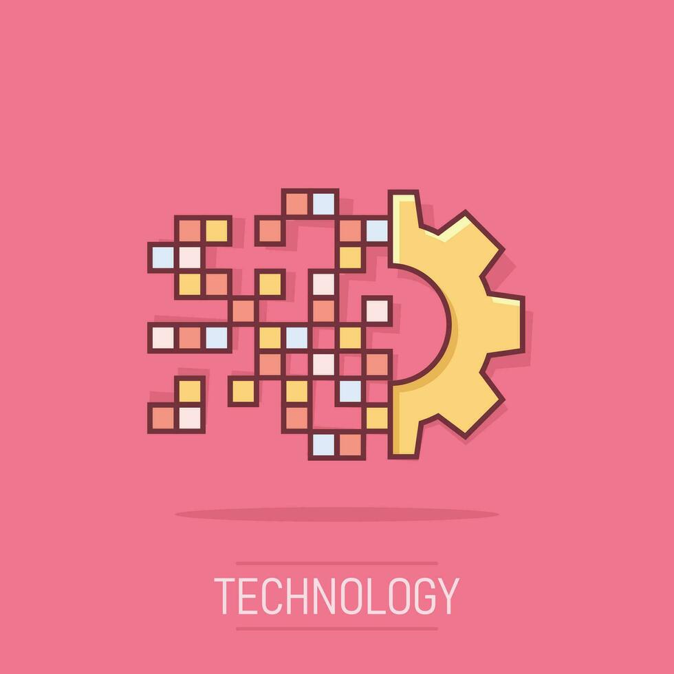 Digital gear icon in comic style. Cog vector cartoon illustration on white isolated background. Techno wheel business concept splash effect.