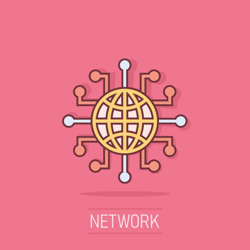 Global network icon in comic style. Cyber world vector cartoon illustration on white isolated background. Earth business concept splash effect.