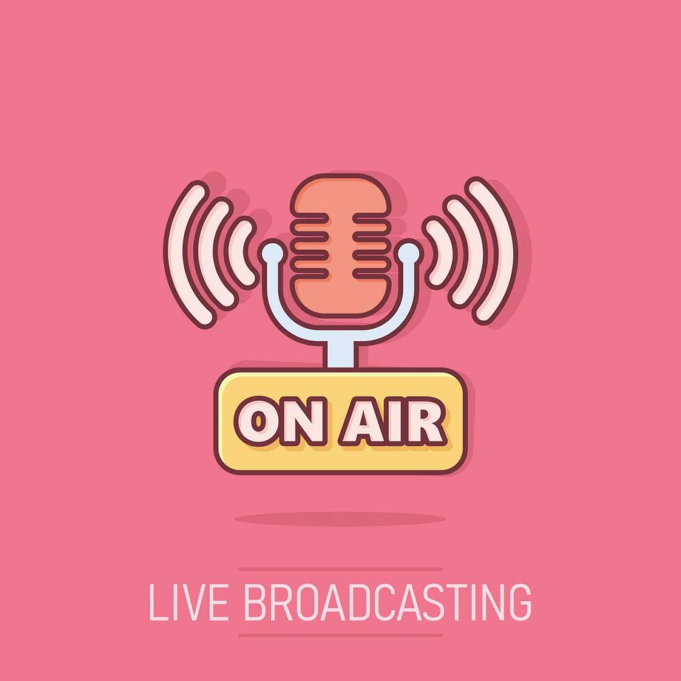 Microphone icon in comic style. Live broadcast vector cartoon illustration on white isolated background. On air business concept splash effect.