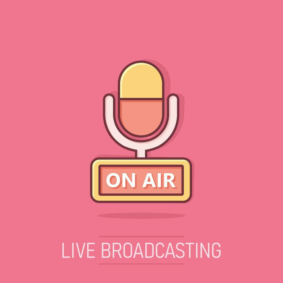 Microphone icon in comic style. Live broadcast vector cartoon illustration on white isolated background. On air business concept splash effect.