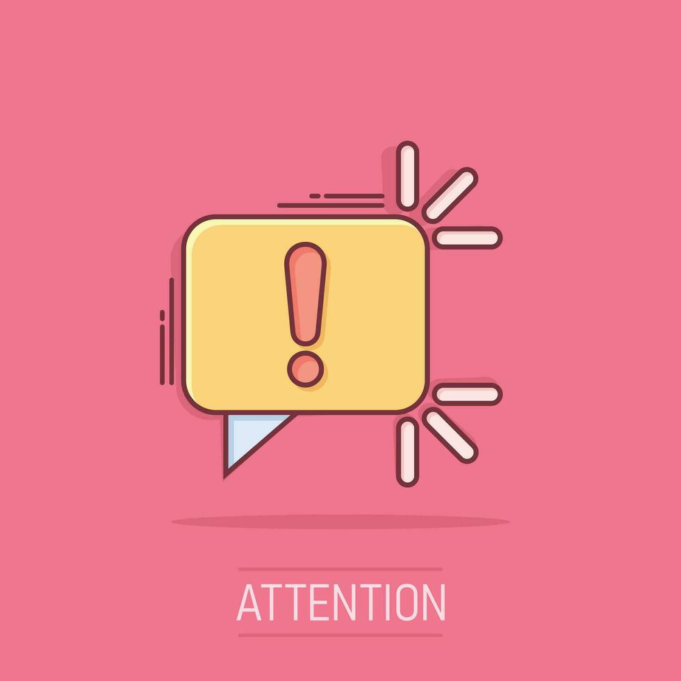 Attention sign icon in comic style. Warning banner vector cartoon illustration on white isolated background. Information business concept splash effect.