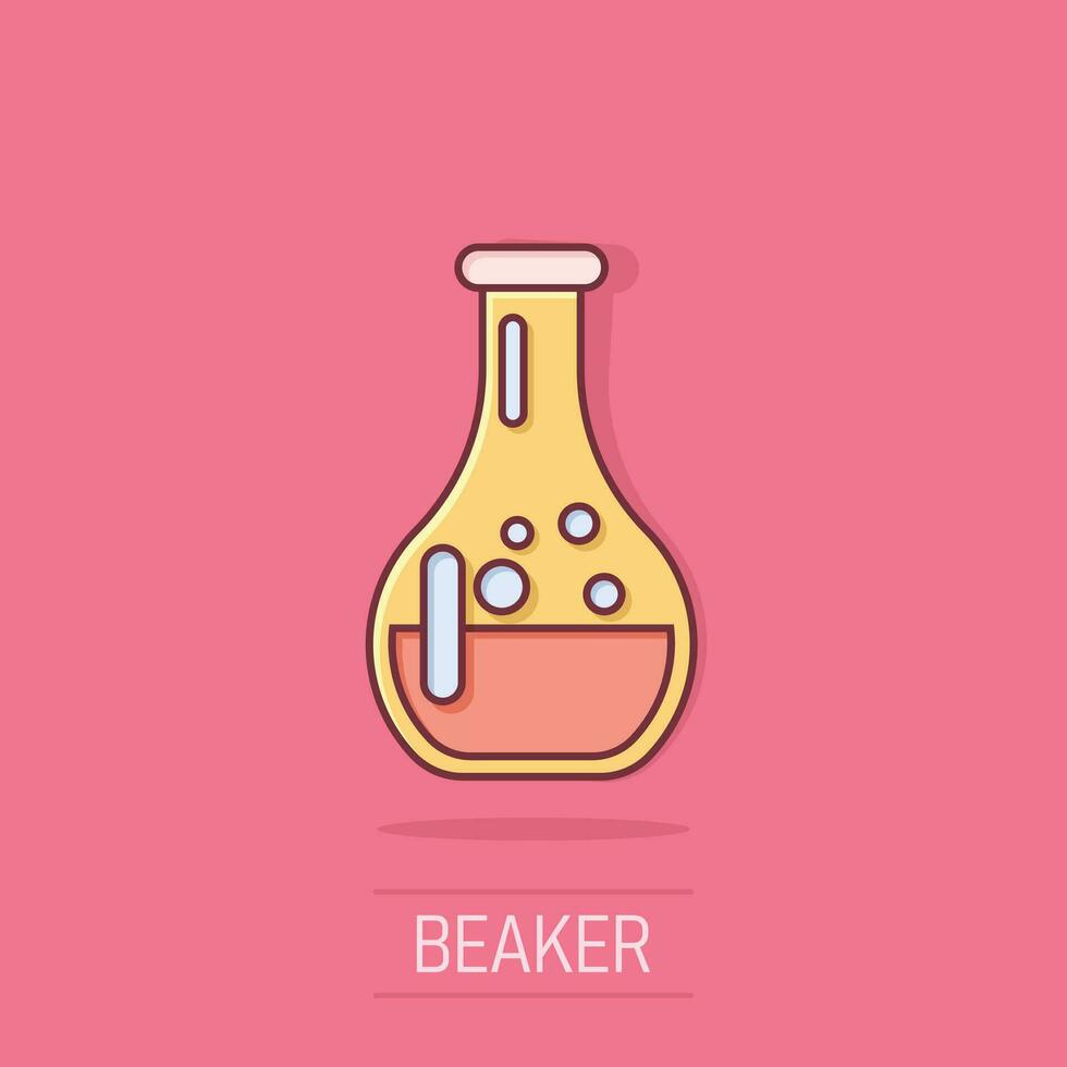 Chemistry beakers sign icon in comic style. Flask test tube vector cartoon illustration on white isolated background. Alchemy business concept splash effect.