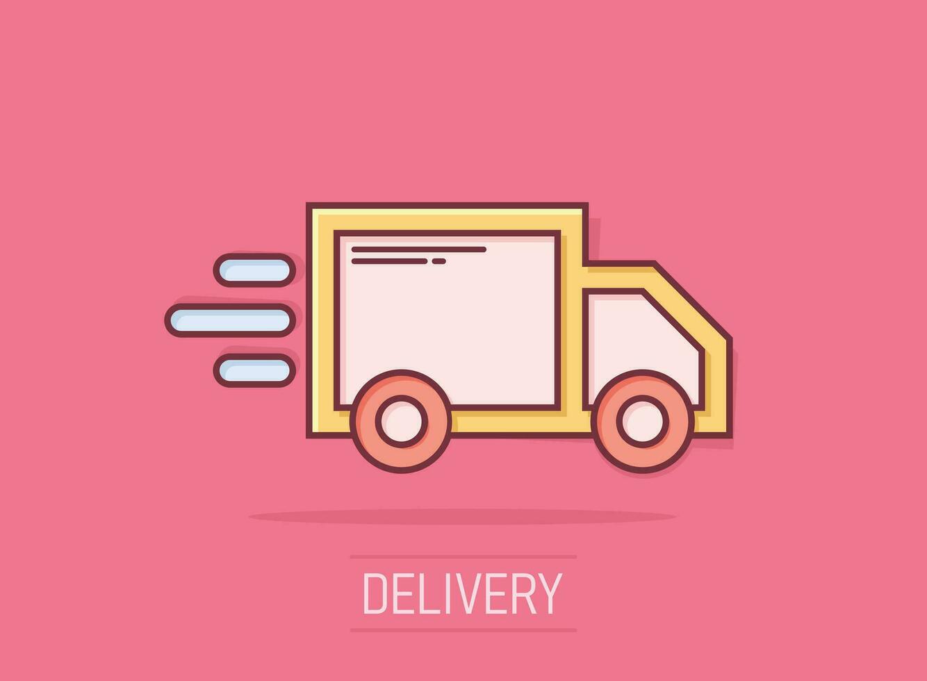 Delivery truck sign icon in comic style. Van vector cartoon illustration on white isolated background. Cargo car business concept splash effect.