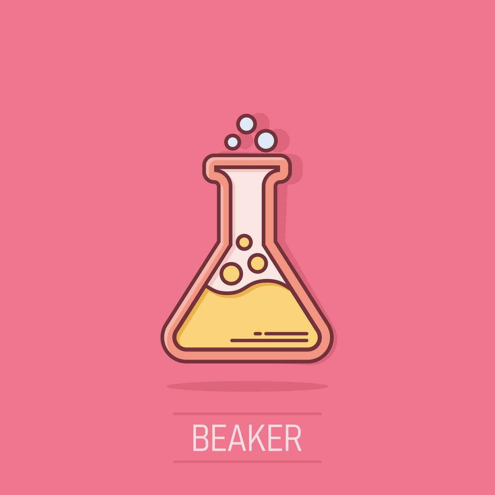 Chemistry beakers sign icon in comic style. Flask test tube vector cartoon illustration on white isolated background. Alchemy business concept splash effect.