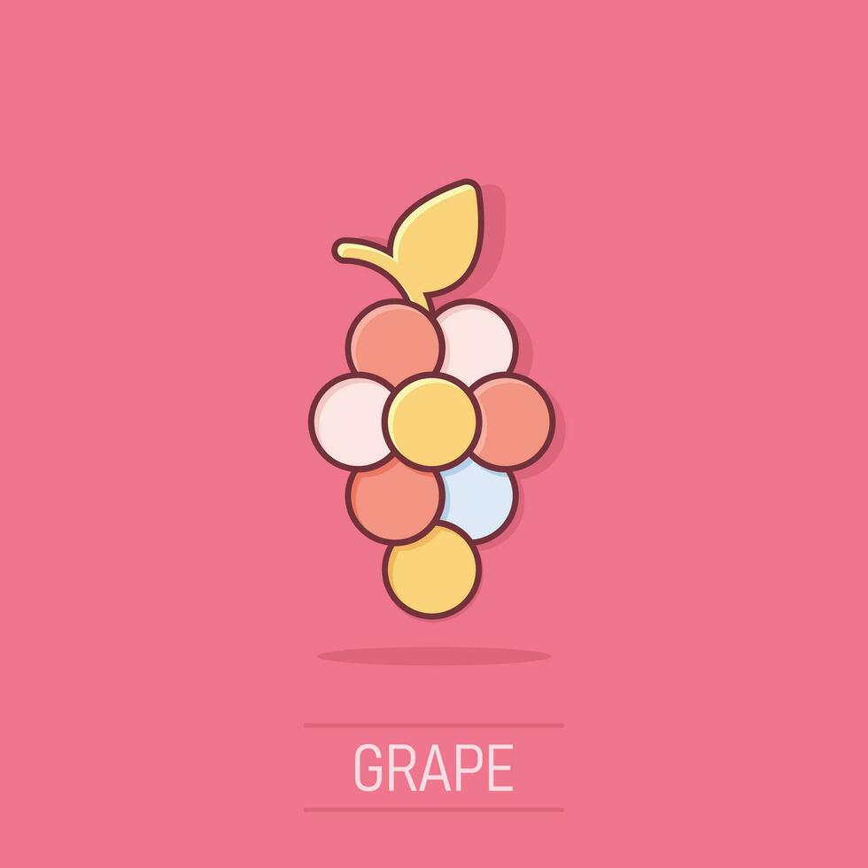 icono de signo de frutas de uva en estilo cómico. ilustración de dibujos animados de vector de vid sobre fondo blanco aislado. efecto de salpicadura de concepto de negocio de uvas de vino.