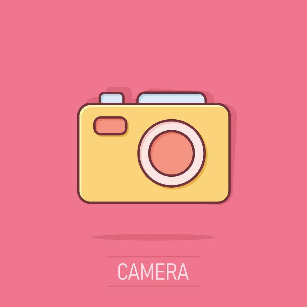Camera device sign icon in comic style. Photography vector cartoon illustration on white isolated background. Cam equipment business concept splash effect.