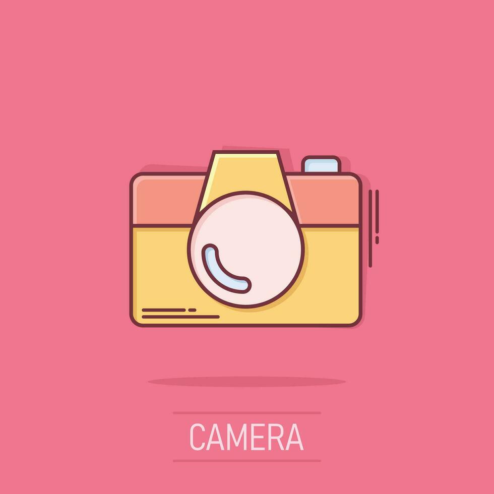 Camera device sign icon in comic style. Photography vector cartoon illustration on white isolated background. Cam equipment business concept splash effect.