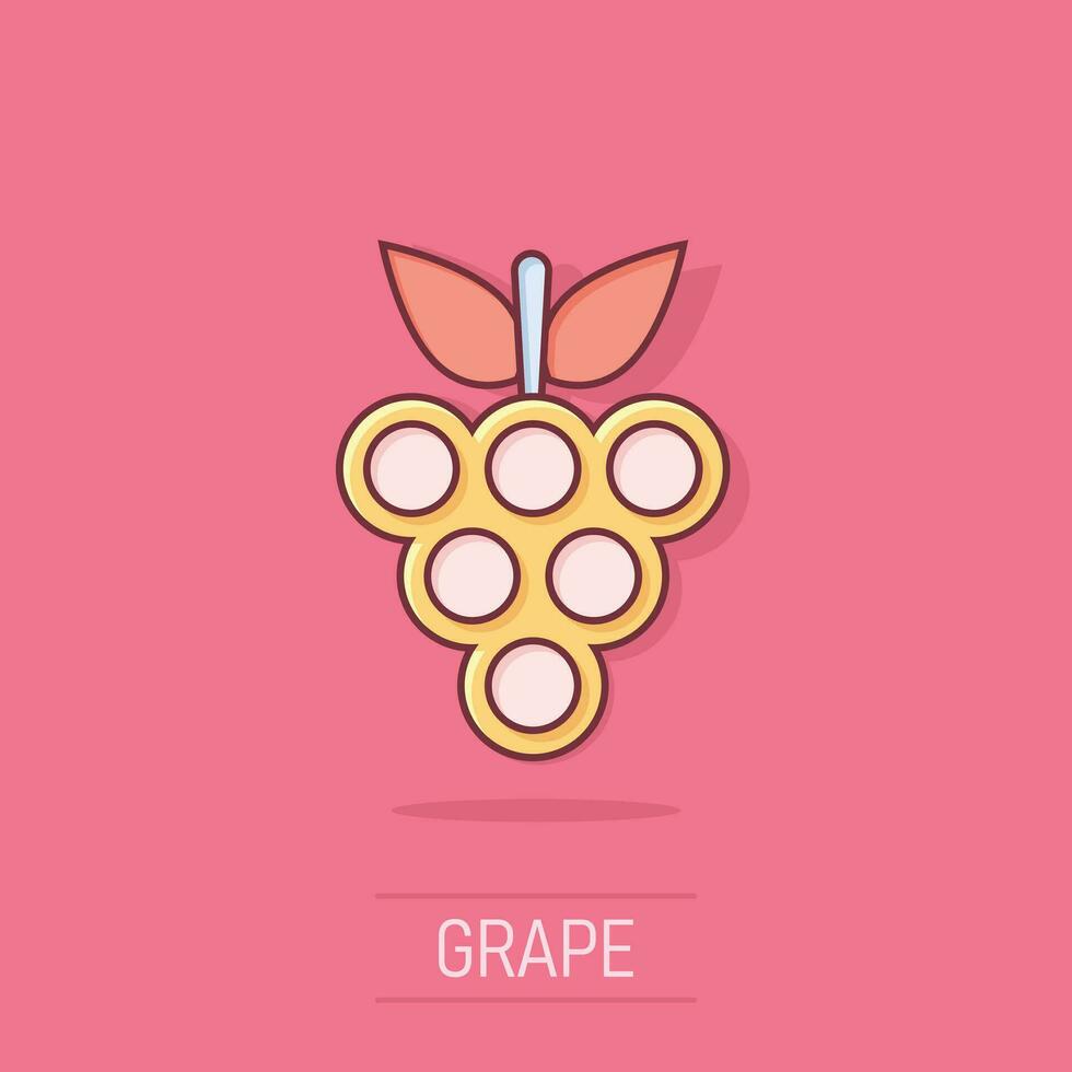 icono de signo de frutas de uva en estilo cómico. ilustración de dibujos animados de vector de vid sobre fondo blanco aislado. efecto de salpicadura de concepto de negocio de uvas de vino.