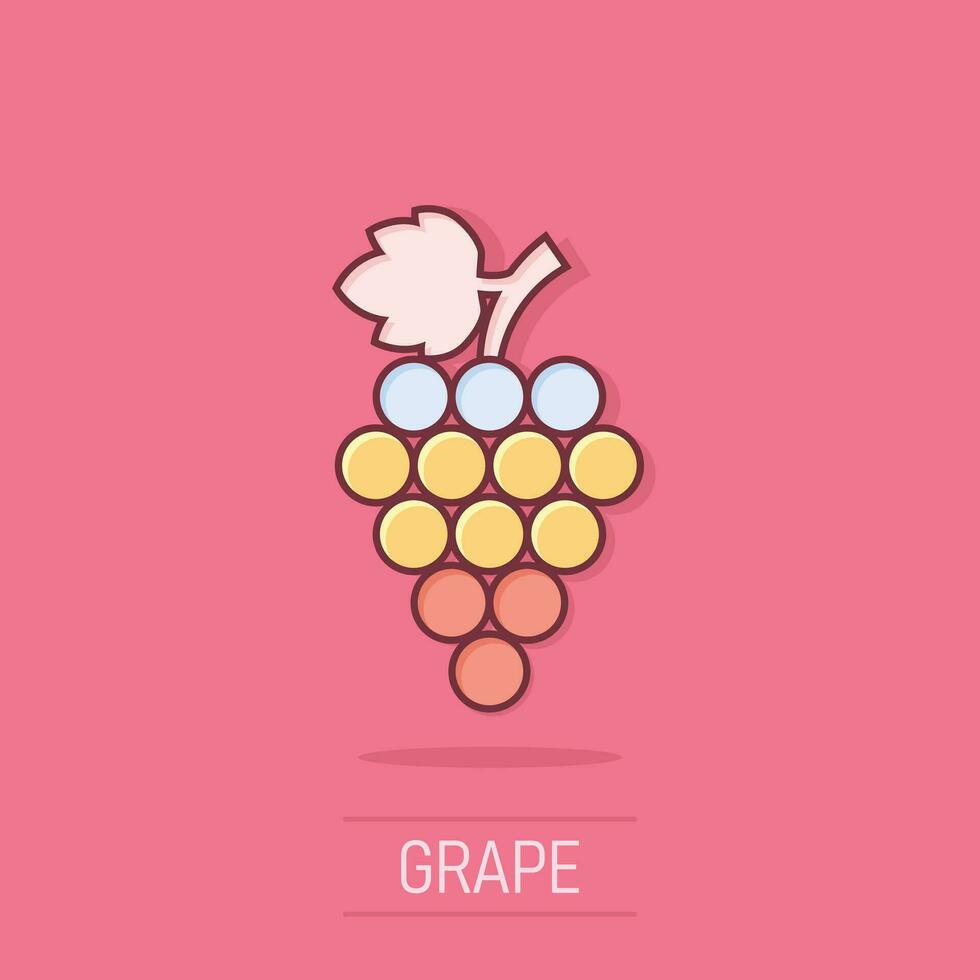 icono de signo de frutas de uva en estilo cómico. ilustración de dibujos animados de vector de vid sobre fondo blanco aislado. efecto de salpicadura de concepto de negocio de uvas de vino.