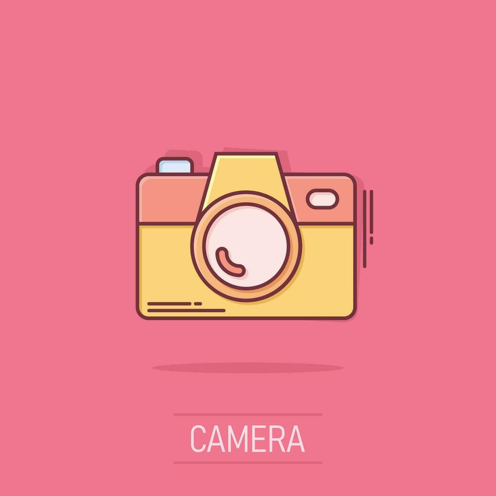 Camera device sign icon in comic style. Photography vector cartoon illustration on white isolated background. Cam equipment business concept splash effect.