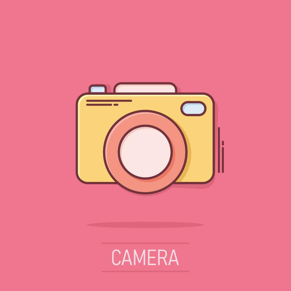 Camera device sign icon in comic style. Photography vector cartoon illustration on white isolated background. Cam equipment business concept splash effect.