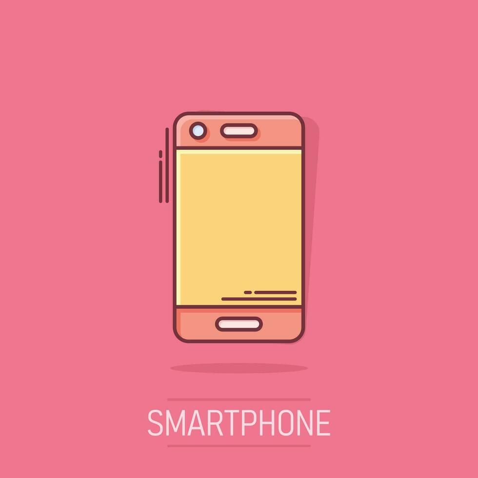 Phone device sign icon in comic style. Smartphone vector cartoon illustration on white isolated background. Telephone business concept splash effect.