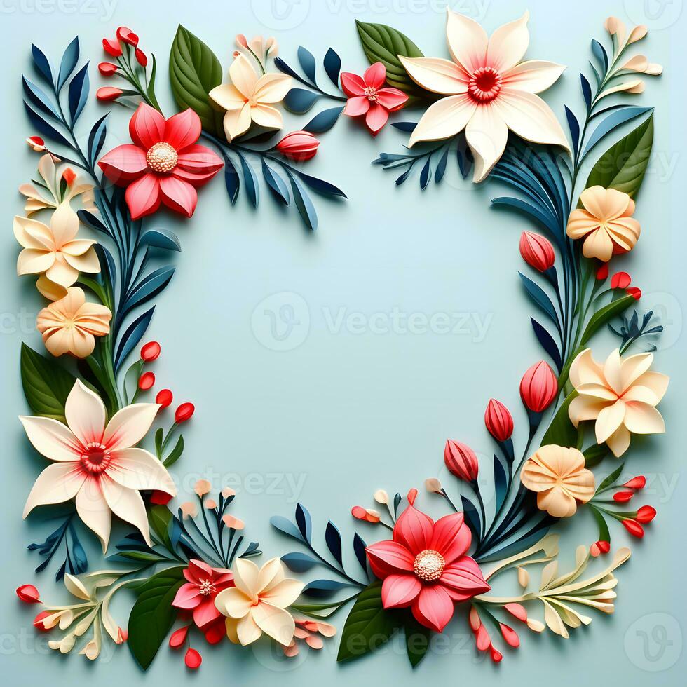 AI generated A Floral Frame Design with Leaves and Flowers photo
