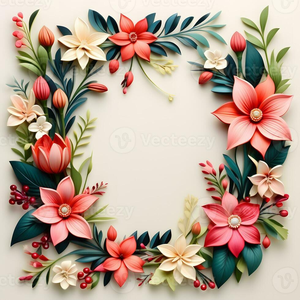 AI generated A Floral Frame Design with Leaves and Flowers photo