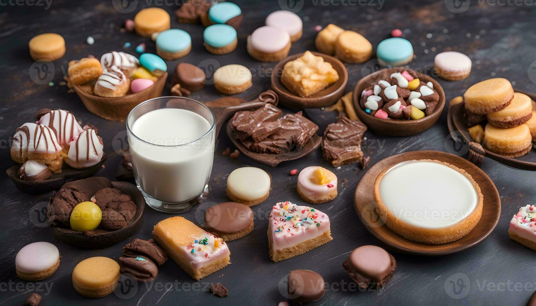 AI generated various sweets and milk on a dark background photo