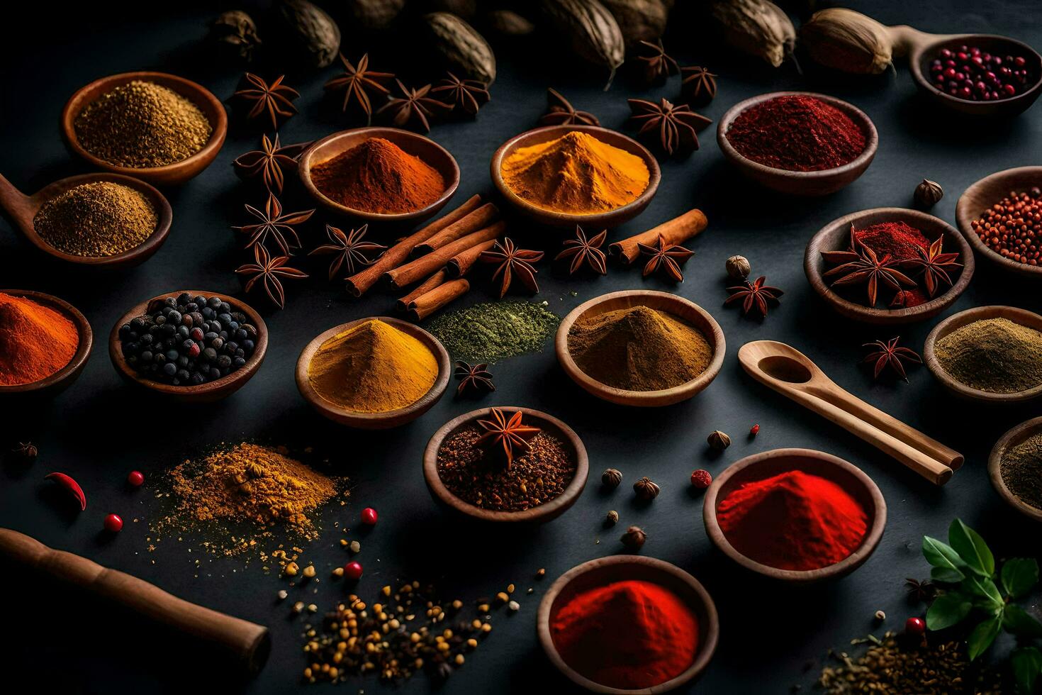 AI generated various spices and herbs in bowls on a black background photo