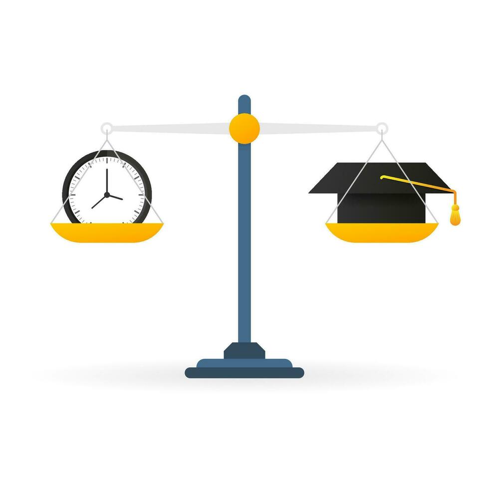 Education vs time on scales icon. Money and time balance on scale vector