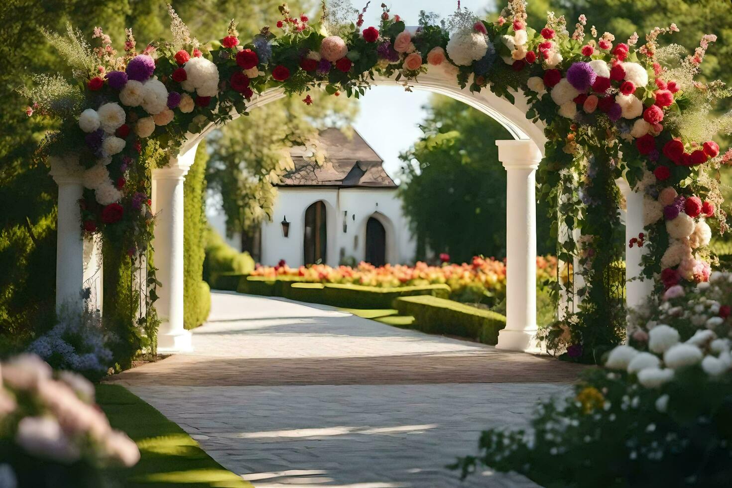 AI generated a walkway with flowers and archway leading to a church photo