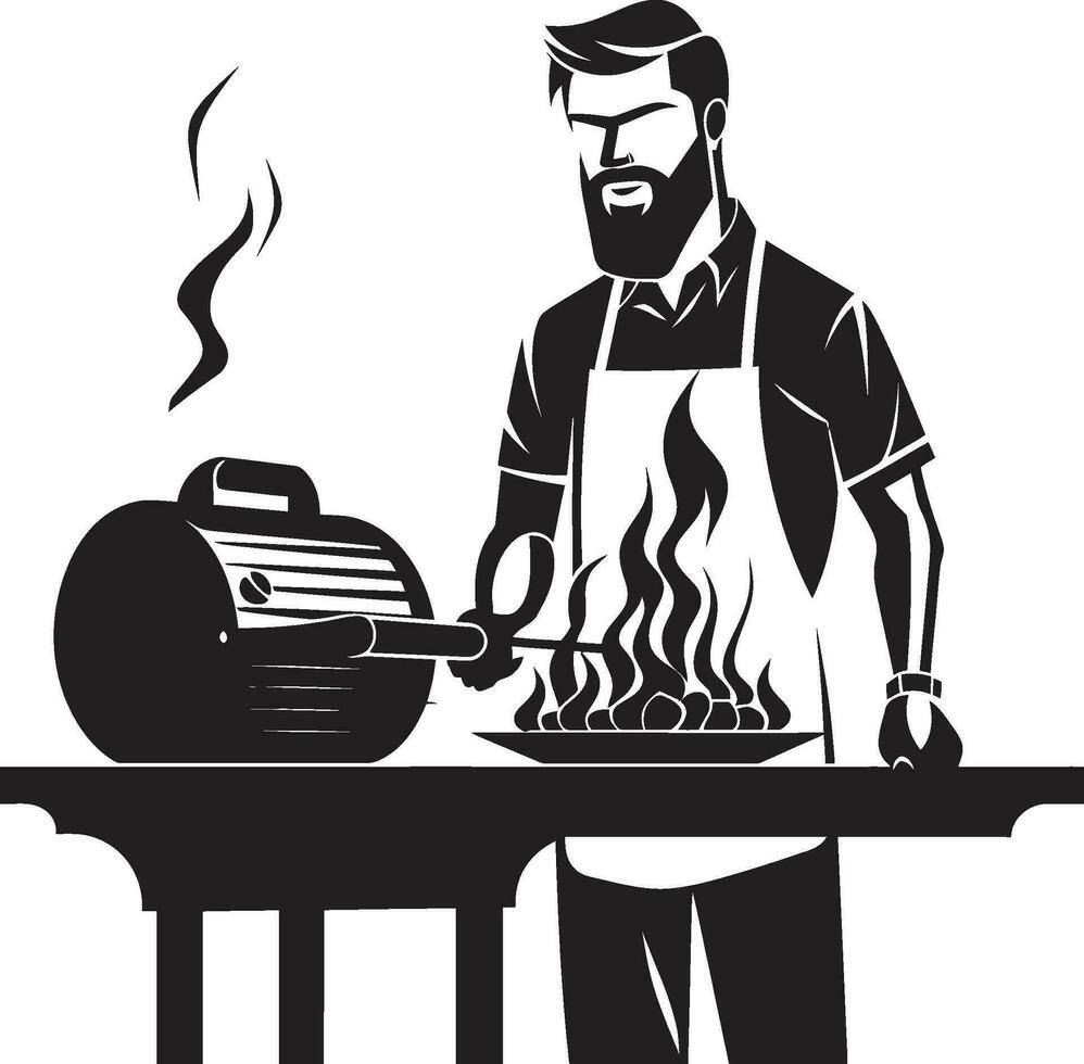 Flame Artistry Black Vector BBQ Icon Savory Shades Man Grilling in Vector