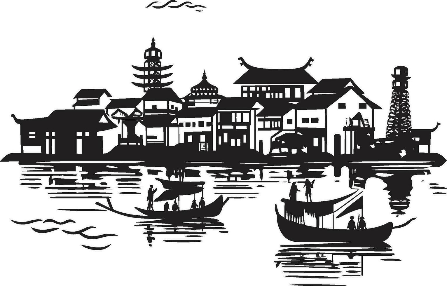 Black Vector Riverside Scenes Vintage Town Logo Vintage Riverbank Scenery Town Black Vector Mark