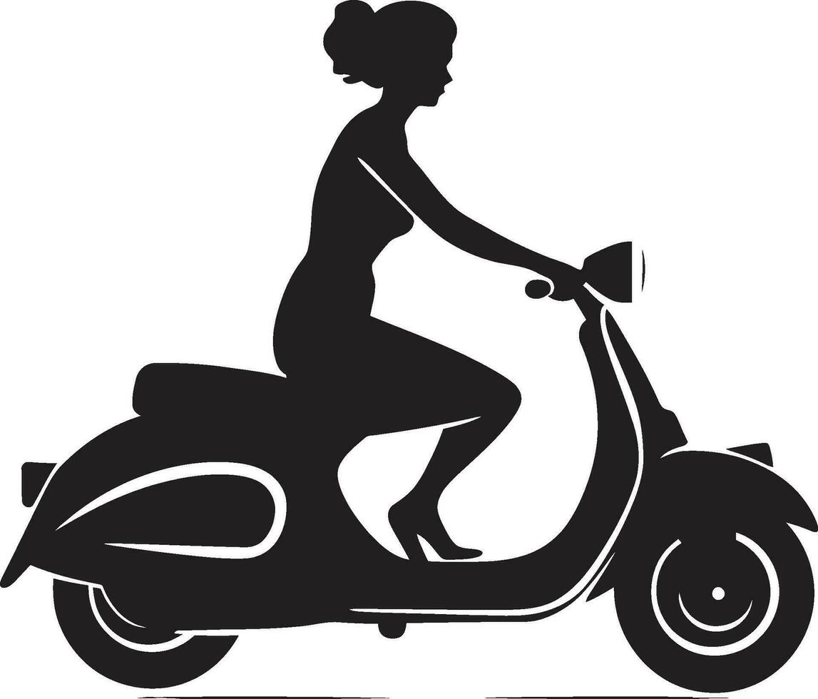 viaje urbano mujer en scooter logo paseo por la ciudad con estilo negro vector emblema