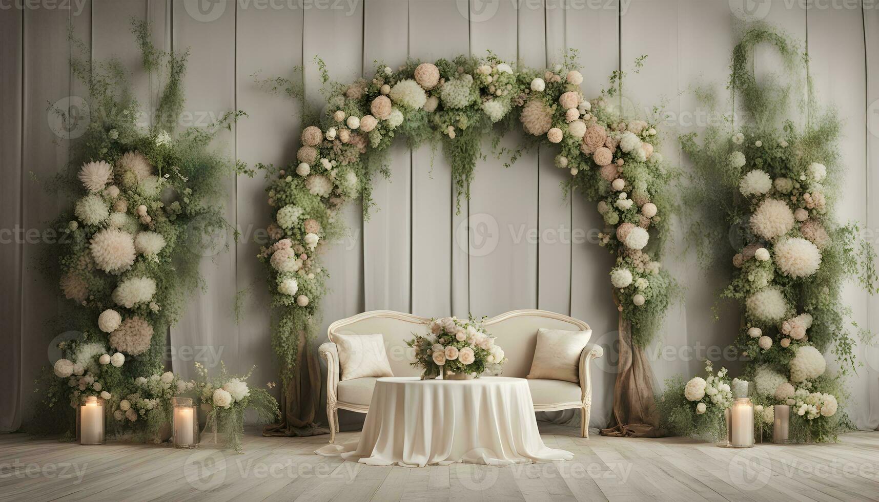 ai generado un Boda arco con flores y velas foto