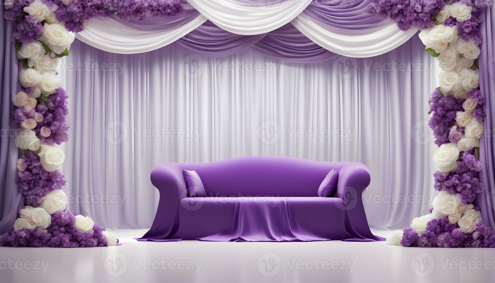 AI generated purple sofa in front of a purple curtain photo