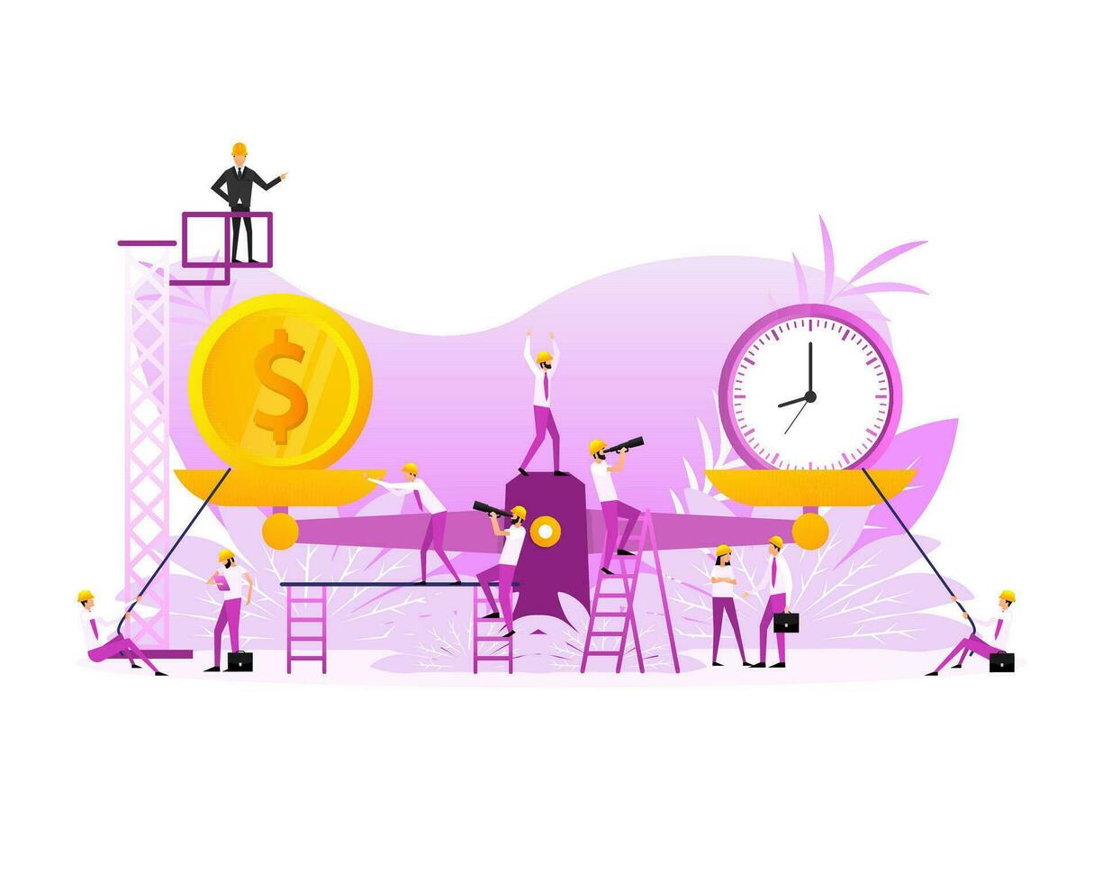 Time is money on scales icon. Flat people. Money and time balance on scale vector