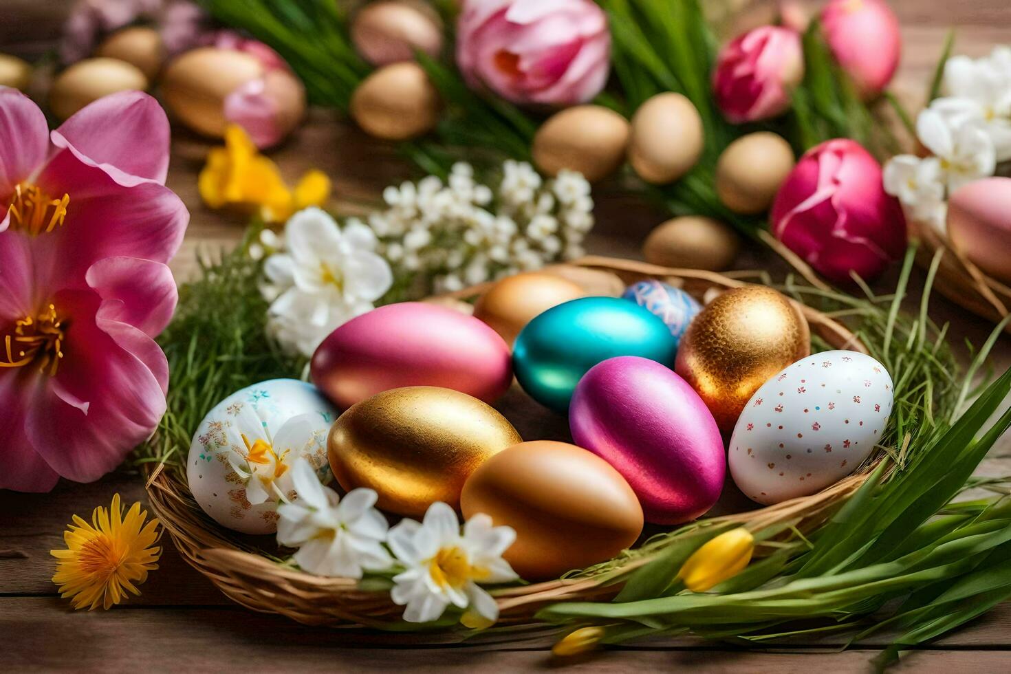 ai generado Pascua de Resurrección huevos en un cesta con flores foto