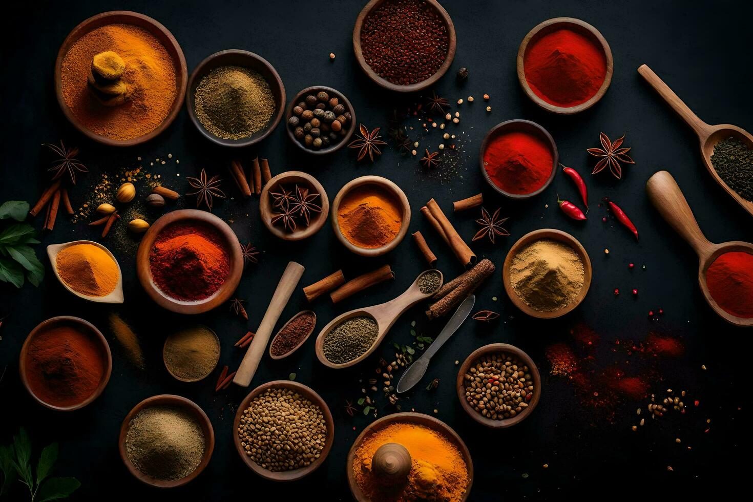AI generated various spices and herbs in bowls on a black background photo