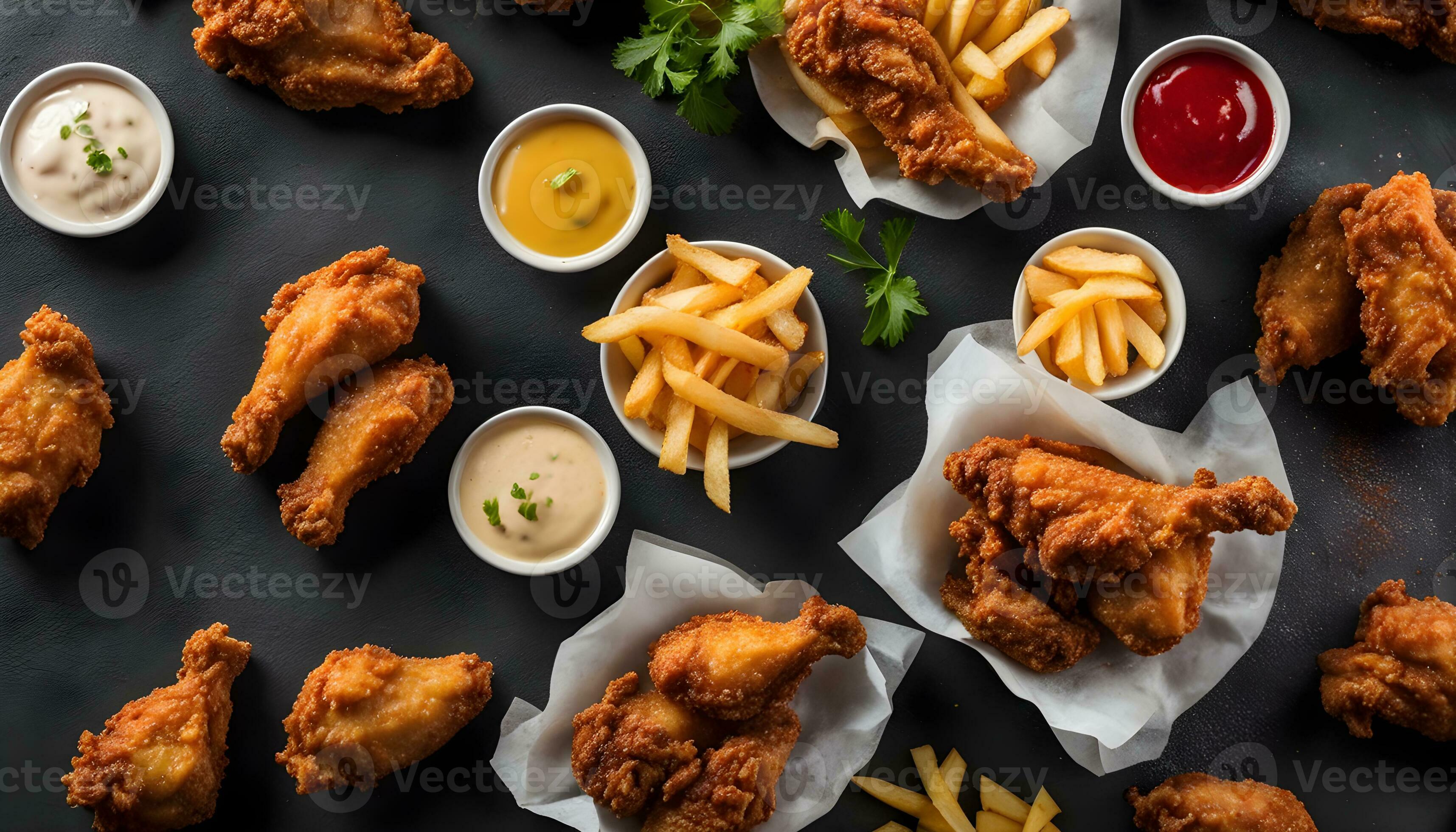 AI generated fried chicken wings and fries on a black background