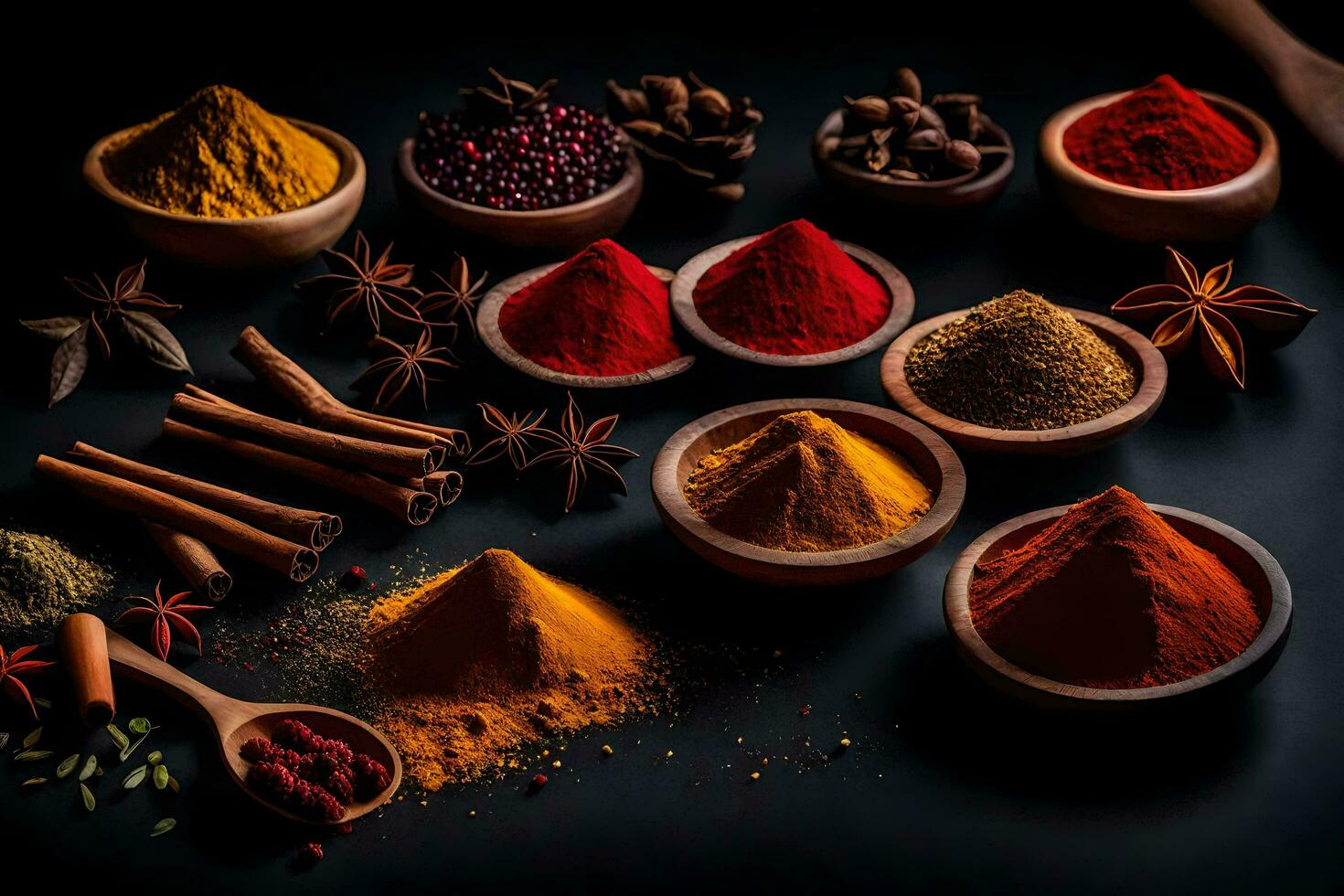AI generated various spices and herbs in bowls on a black background photo