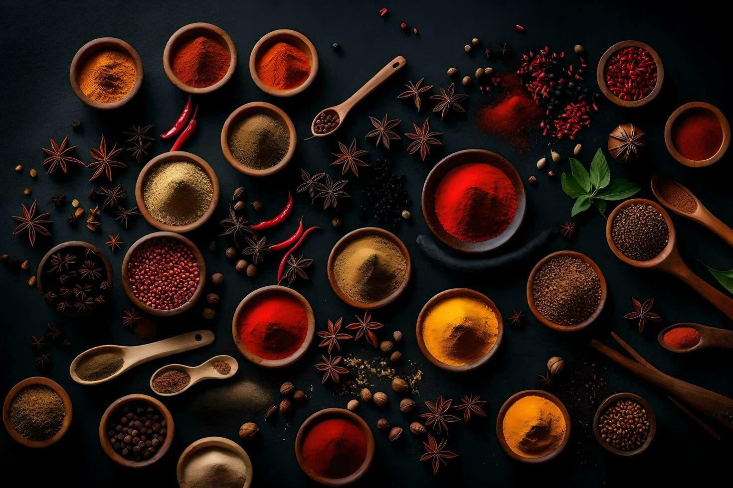 AI generated spices and spices on a black background photo