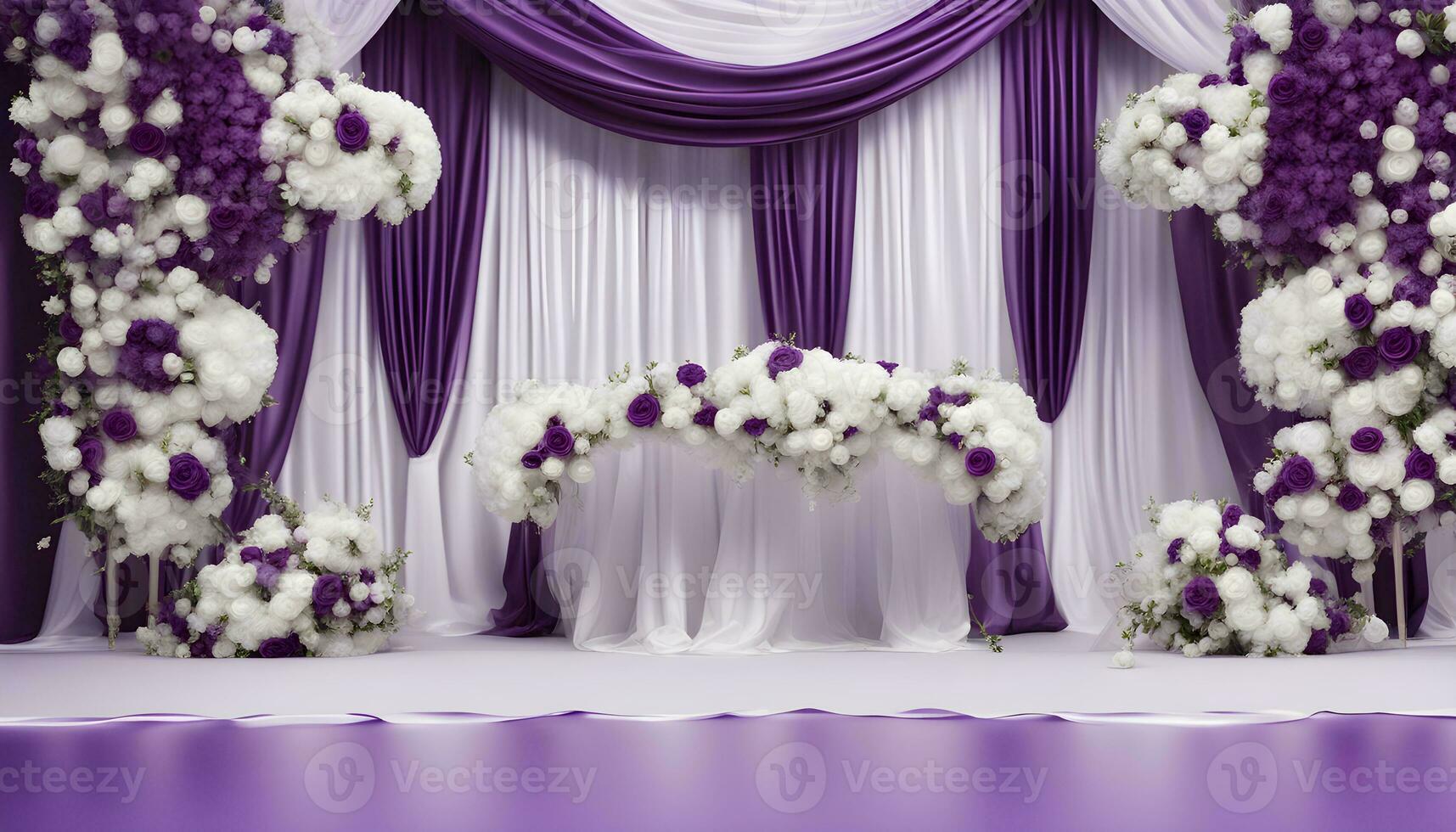 AI generated purple and white wedding stage with flowers and a table photo