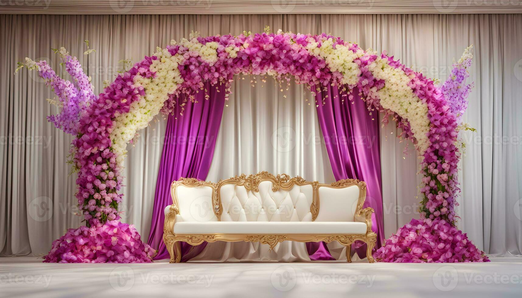 AI generated a purple and white wedding stage with a gold couch photo