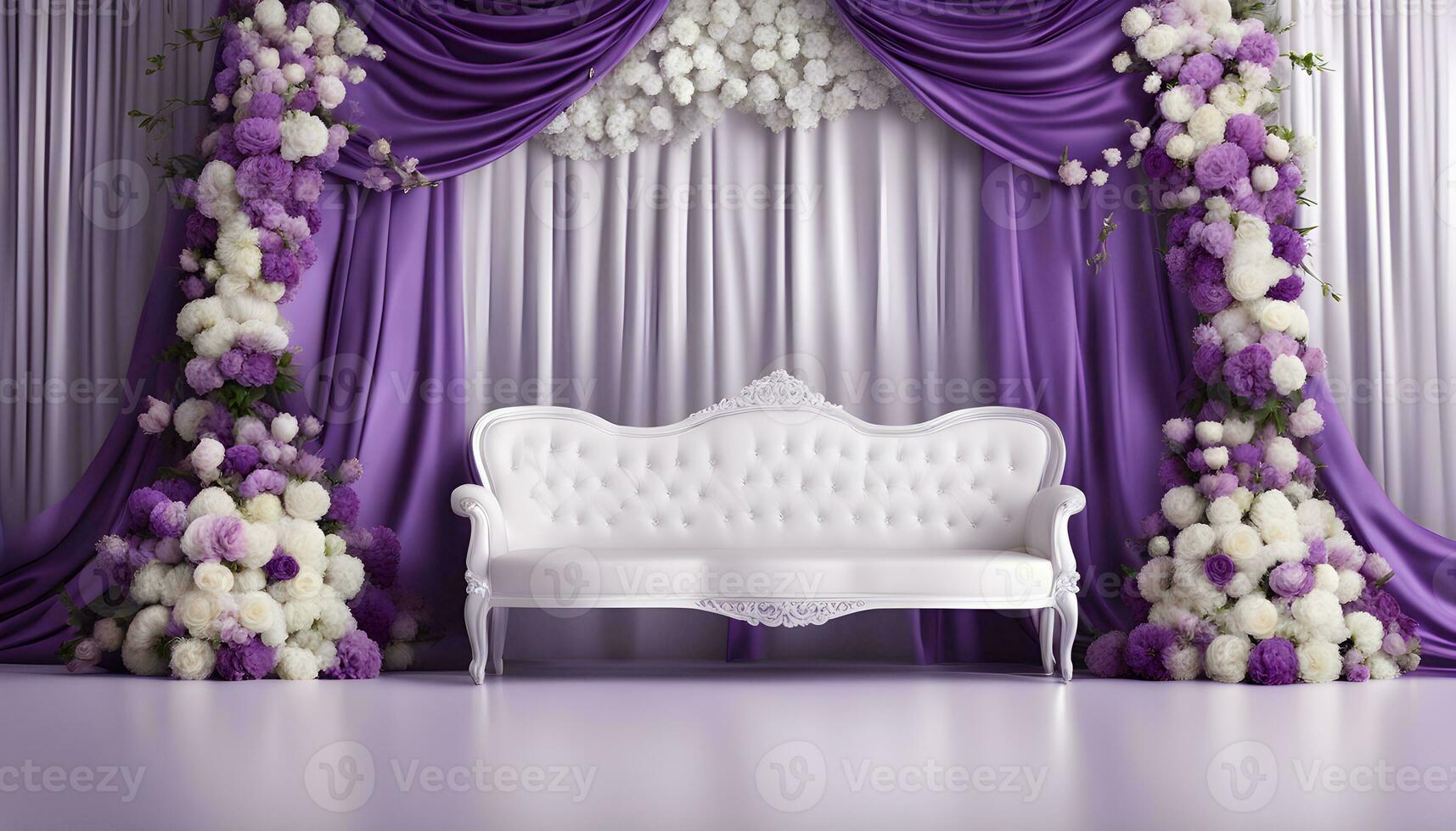 AI generated purple and white wedding stage with a white couch photo