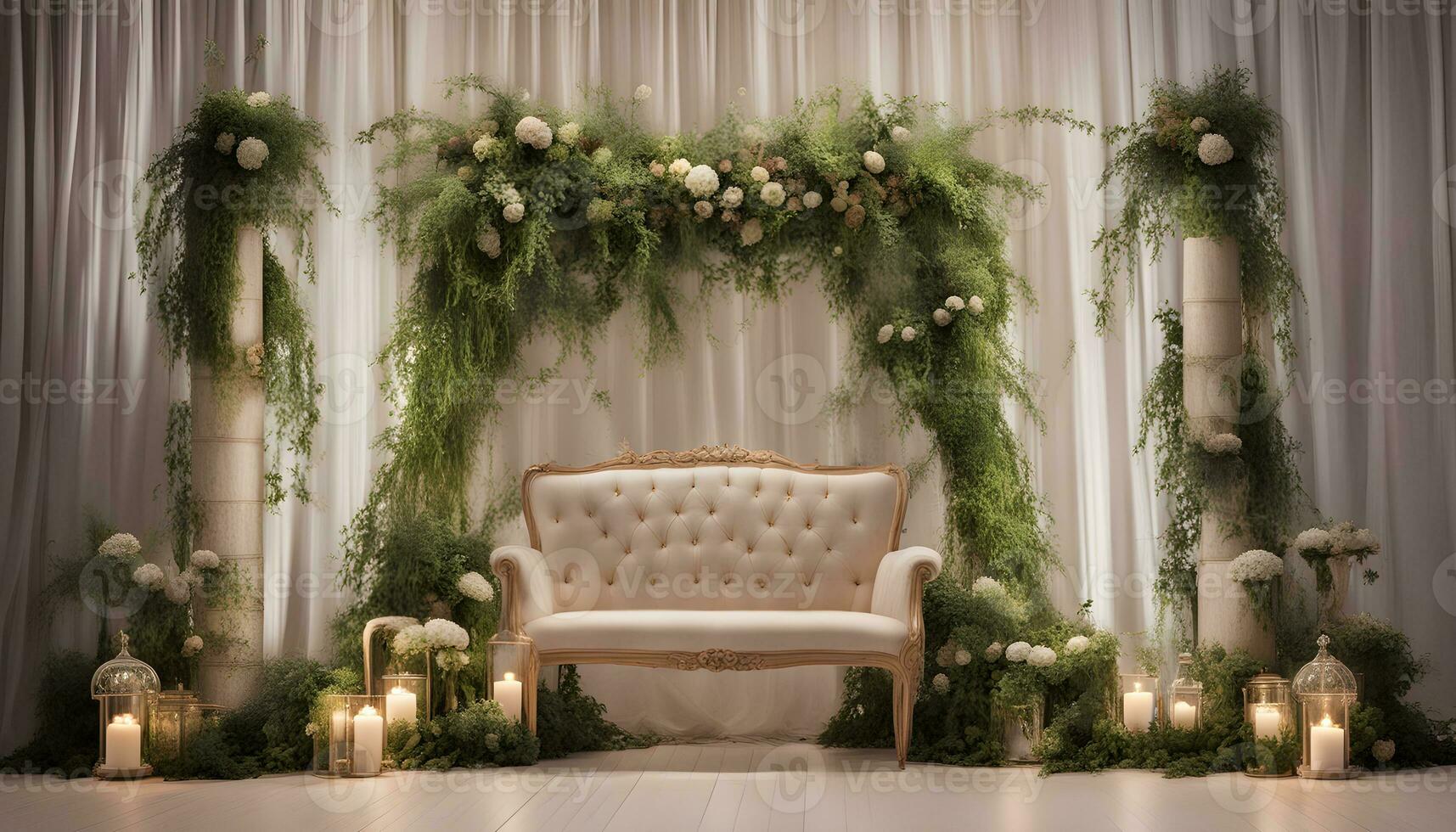 AI generated a white chair with candles and greenery in front of a white backdrop photo